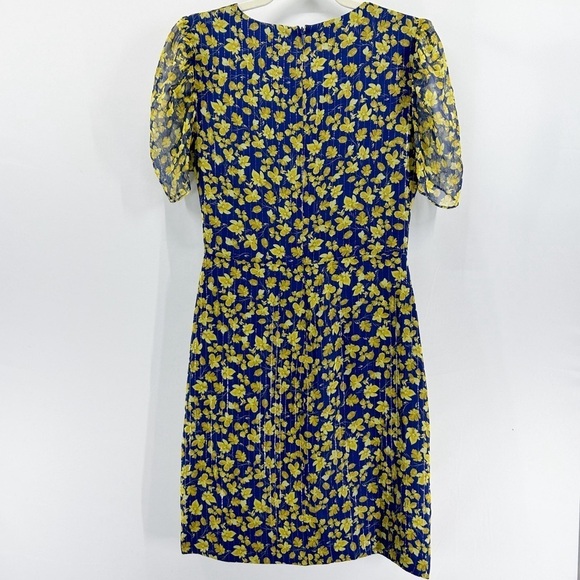 Shoshanna Blue Silk Yellow Floral Metallic Faux Wrap Ruffle Dress size 4 - Picture 3 of 9